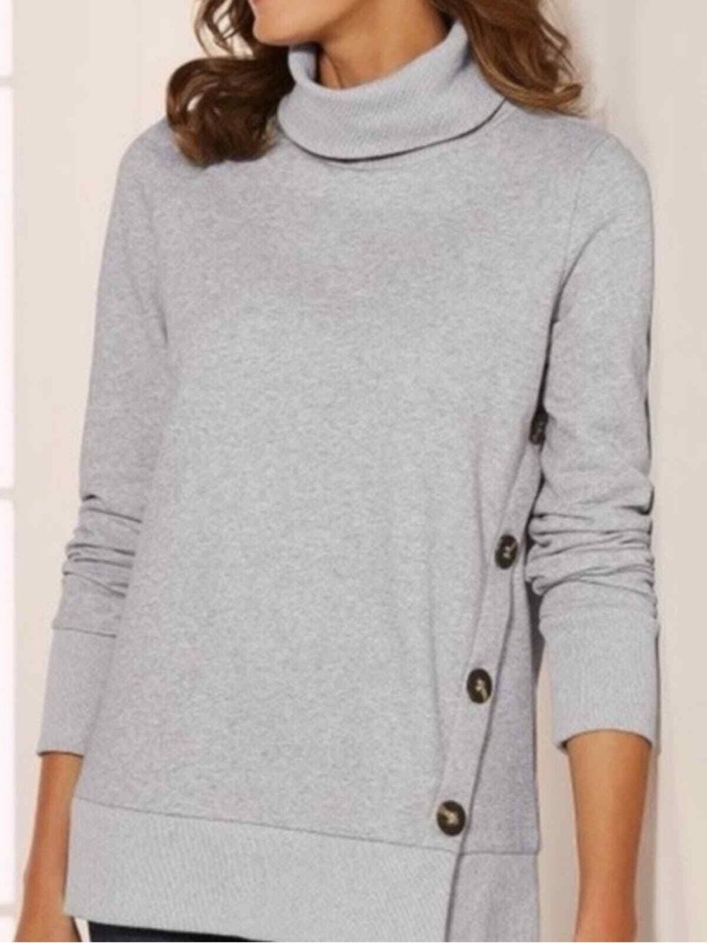NWT Soft Surroundings Lidia Grey Side Button Funnel Neck Sweatshirt Size Large